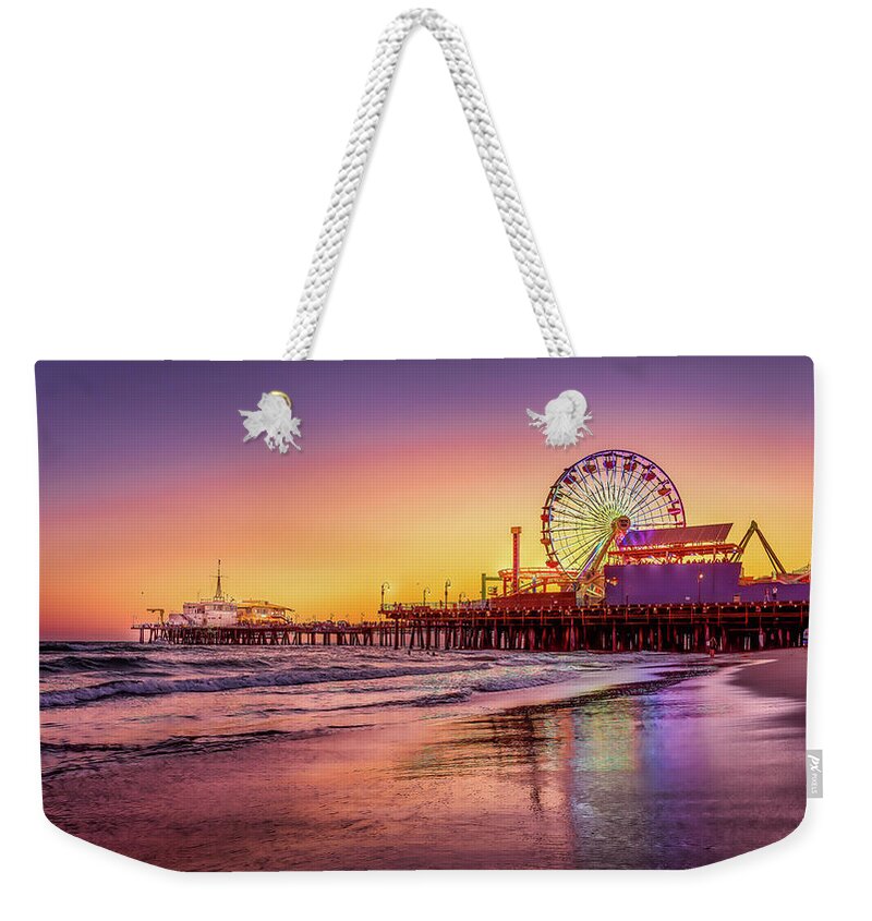 California Weekender Tote Bag featuring the photograph A Peer at Santa Monica by Dee Potter