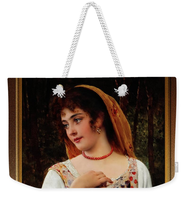 A Pensive Beauty Weekender Tote Bag featuring the painting A Pensive Beauty by Eugen von Blaas Classical Art Reproduction by Rolando Burbon