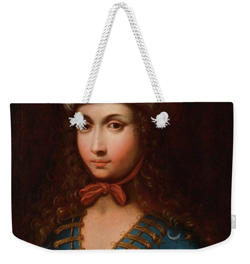 A Portrait Of Lady Mary Wortley Montagu In Ottoman Dress Weekender Tote Bag featuring the painting A Portrait of Lady Mary Wortley Montagu in Ottoman dress, English School, 18th 19th century by Artistic Rifki
