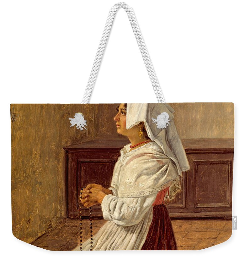 Martinus Rorbye Weekender Tote Bag featuring the painting A Praying Italian Woman by Martinus Rorbye