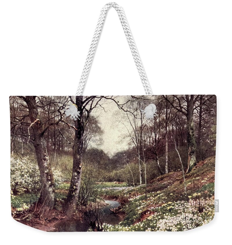 Charm Of Gardens Weekender Tote Bag featuring the drawing A Primrose Bank Near Dorking j5 by Historic Illustrations