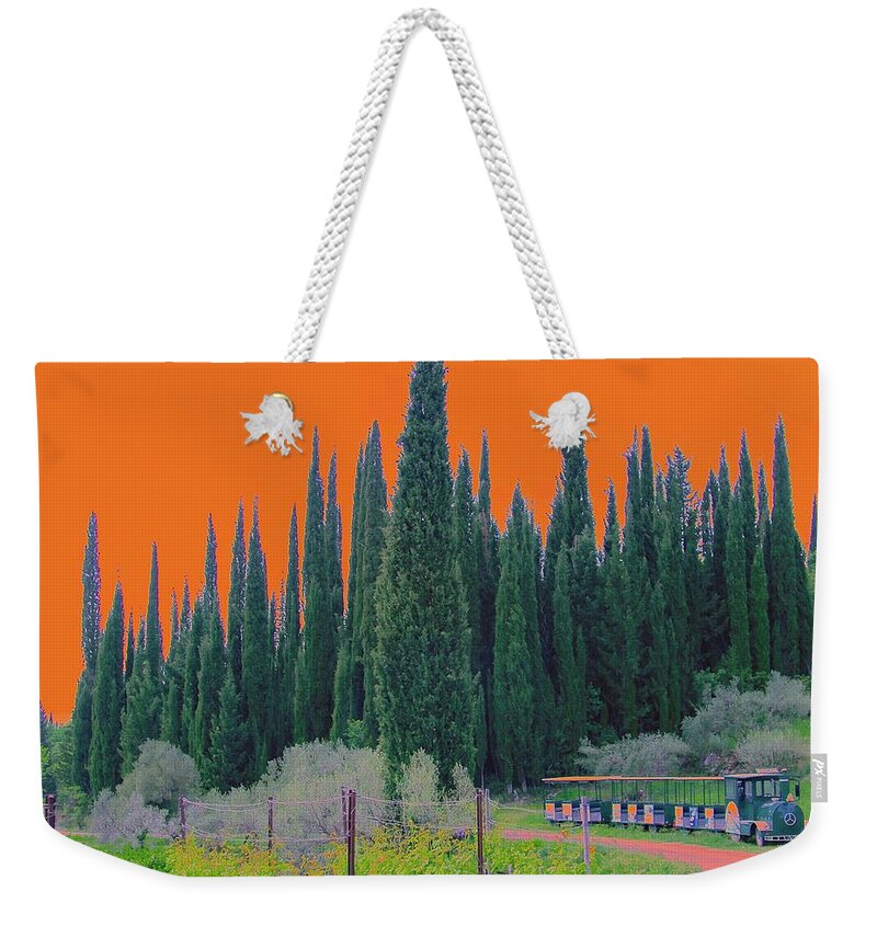 Orange Sky Tall Tees Train Pines West Western Evergreens Canadian Rockies Weekender Tote Bag featuring the photograph A Real Place by Dorsey Northrup