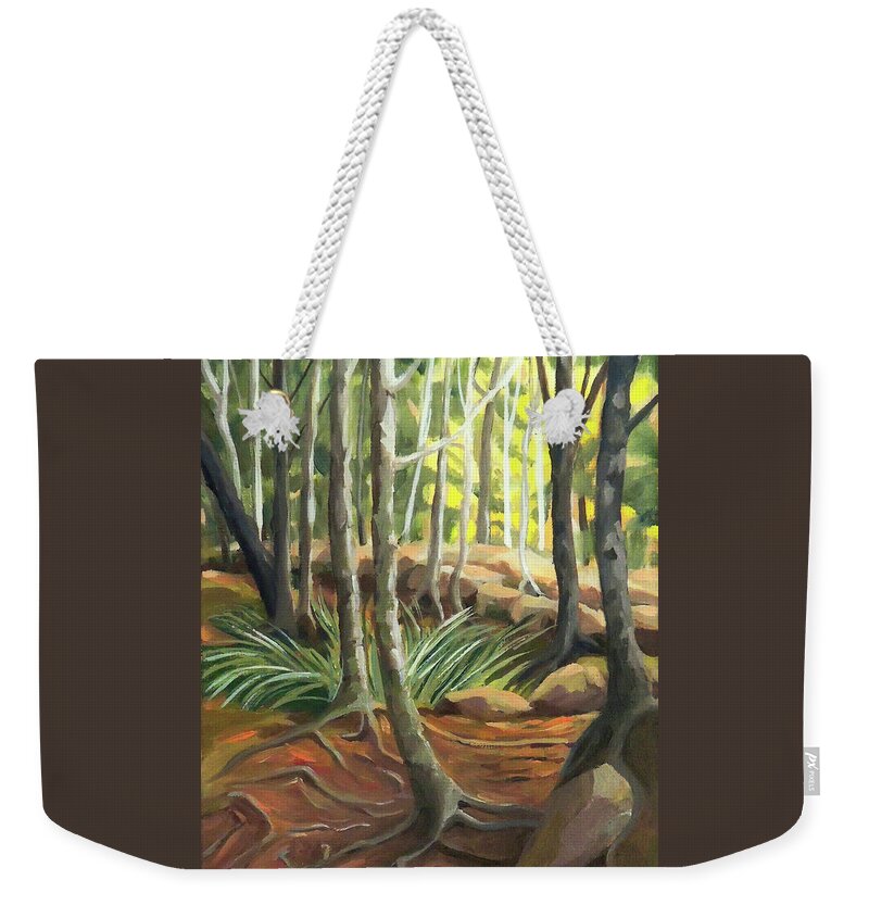 New Hampshire Weekender Tote Bag featuring the painting A Rooted Path to the Clearing by Nancy Griswold