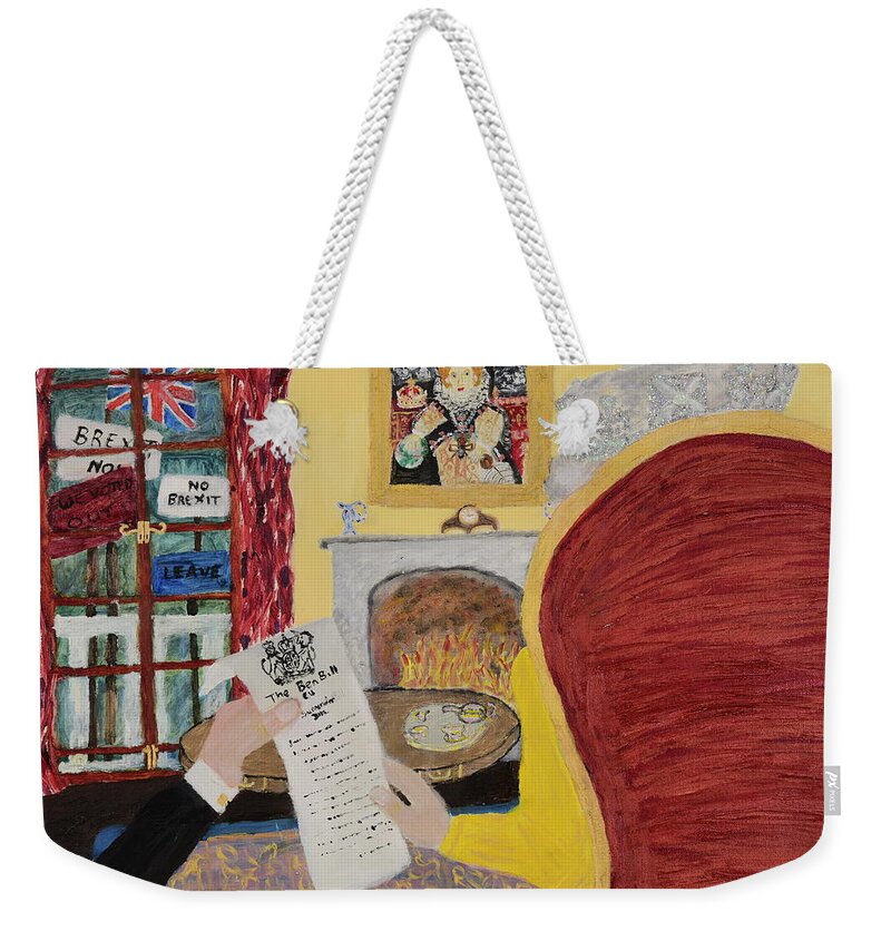 Queen Elizabeth Weekender Tote Bag featuring the painting A Royal Dilemma by David Westwood
