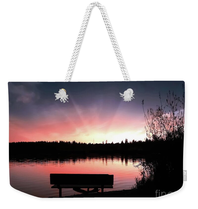 Sunset Weekender Tote Bag featuring the digital art A Serene Scene at Lake Ballinger by Eddie Eastwood