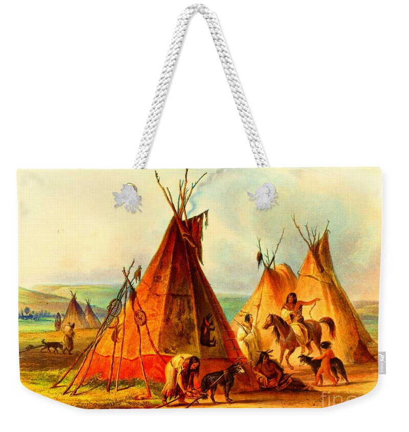 Native American Weekender Tote Bag featuring the digital art A Skin Lodge of the Assiniboin Chief by Peter Ogden