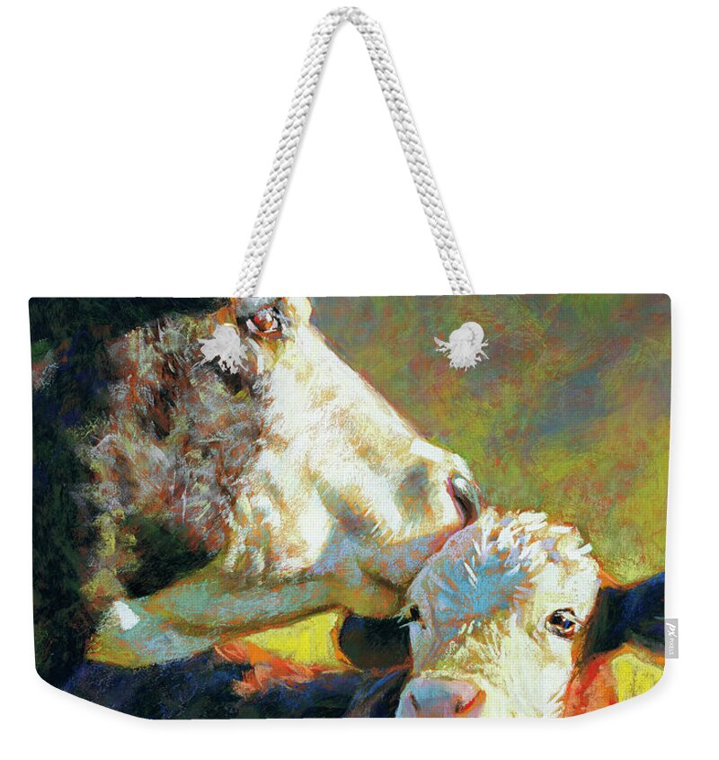 Cows Weekender Tote Bag featuring the pastel A Soft Kiss by Rita Kirkman