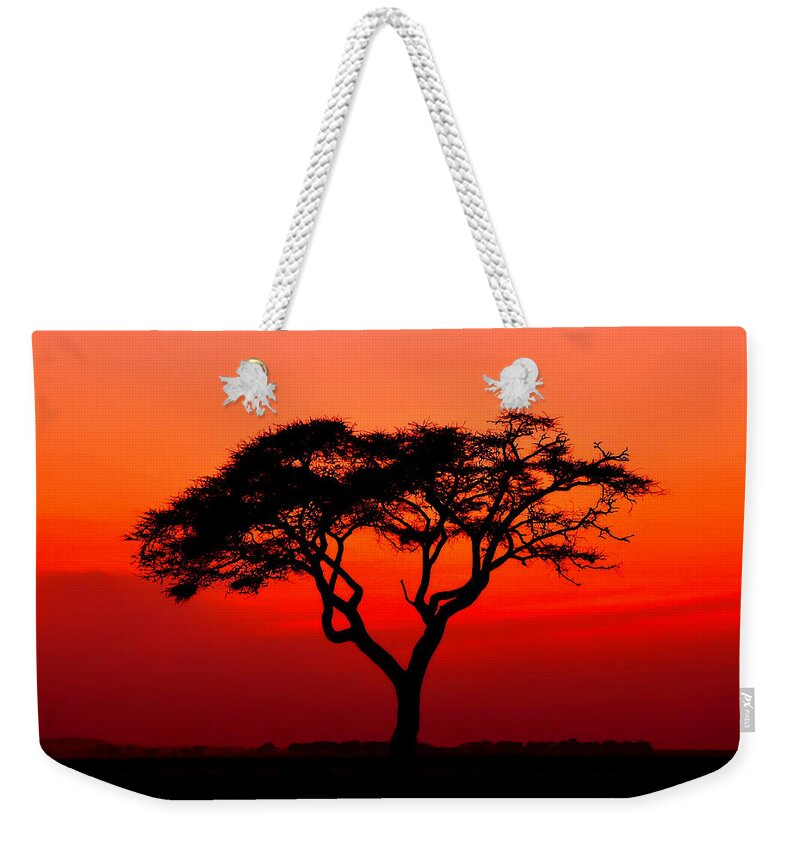 Africa Weekender Tote Bag featuring the photograph A Solitary Acacia Tree in the African Sunset by Mitchell R Grosky