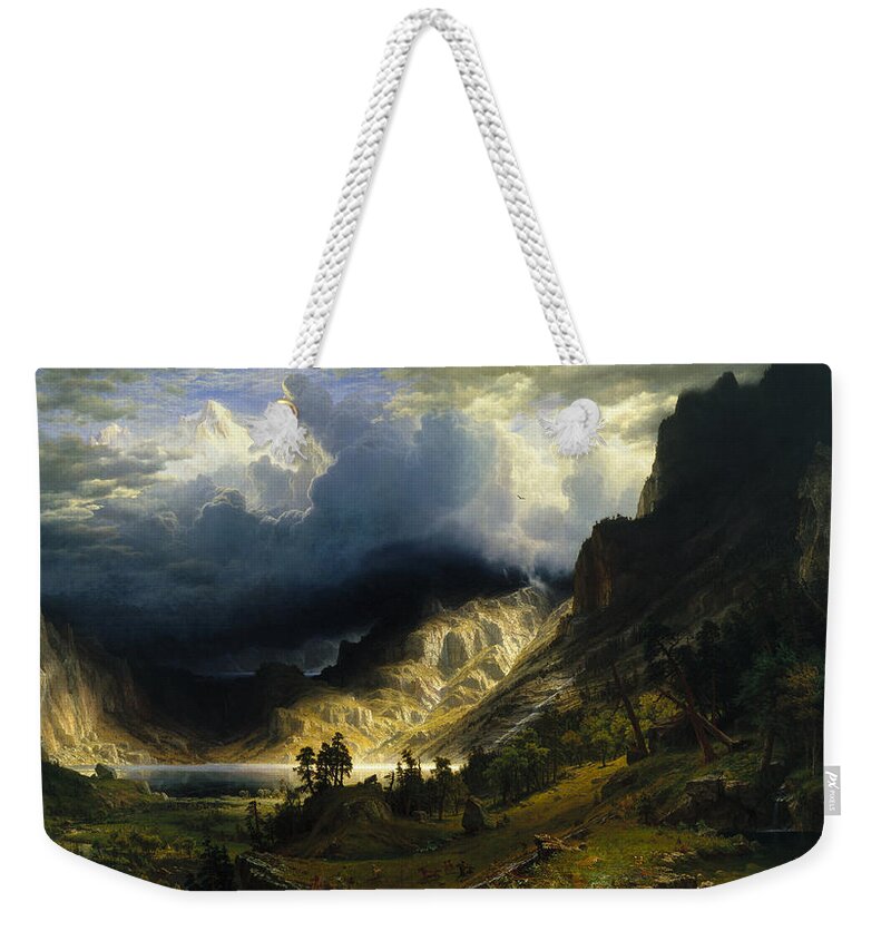 Albert Bierstadt Weekender Tote Bag featuring the painting A Storm in the Rocky Mountains, 1866 by Albert Bierstadt