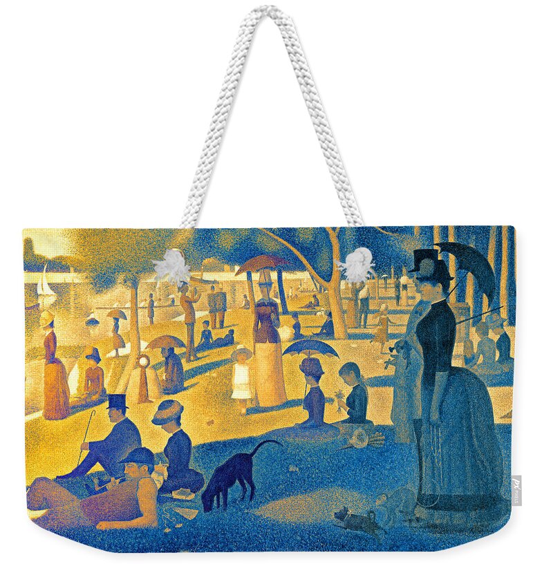 A Sunday Afternoon On The Island Of La Grande Jatte Weekender Tote Bag featuring the digital art A Sunday Afternoon on the Island of La Grande Jatte - digital recreation in blue and orange by Nicko Prints