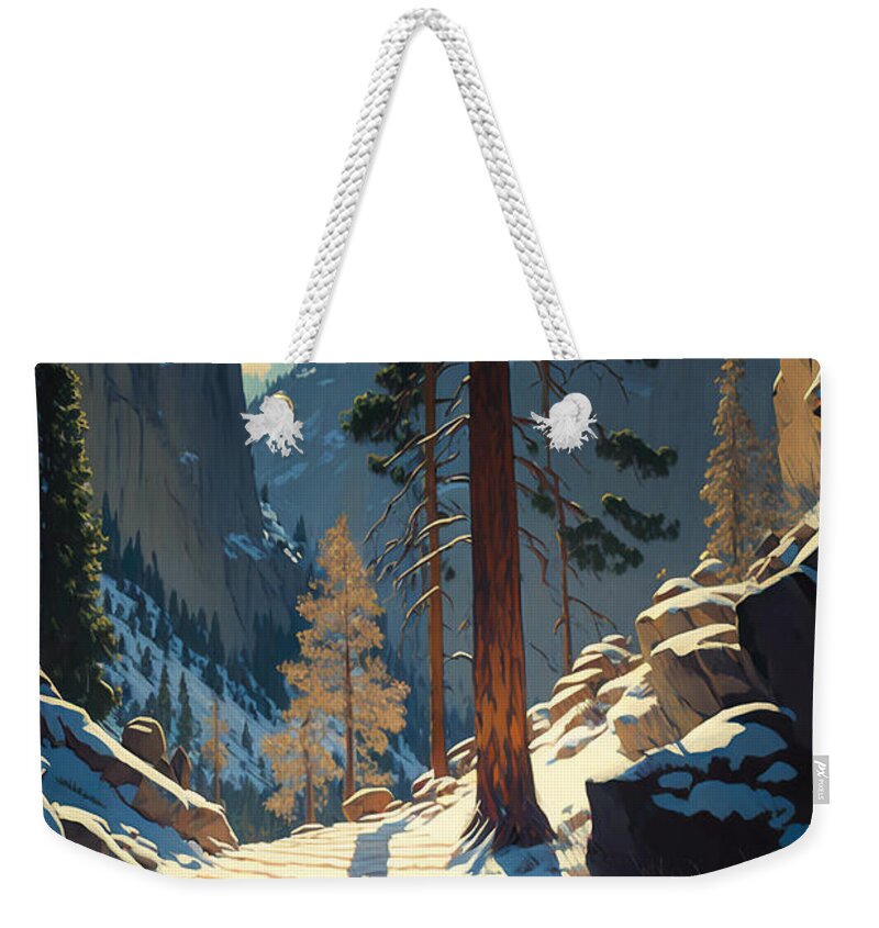 Old Postcard Style Weekender Tote Bag featuring the digital art A Trail Through Yosemite - An Old Postcard Style Painting of a Wilderness Landscape by Kai Saarto