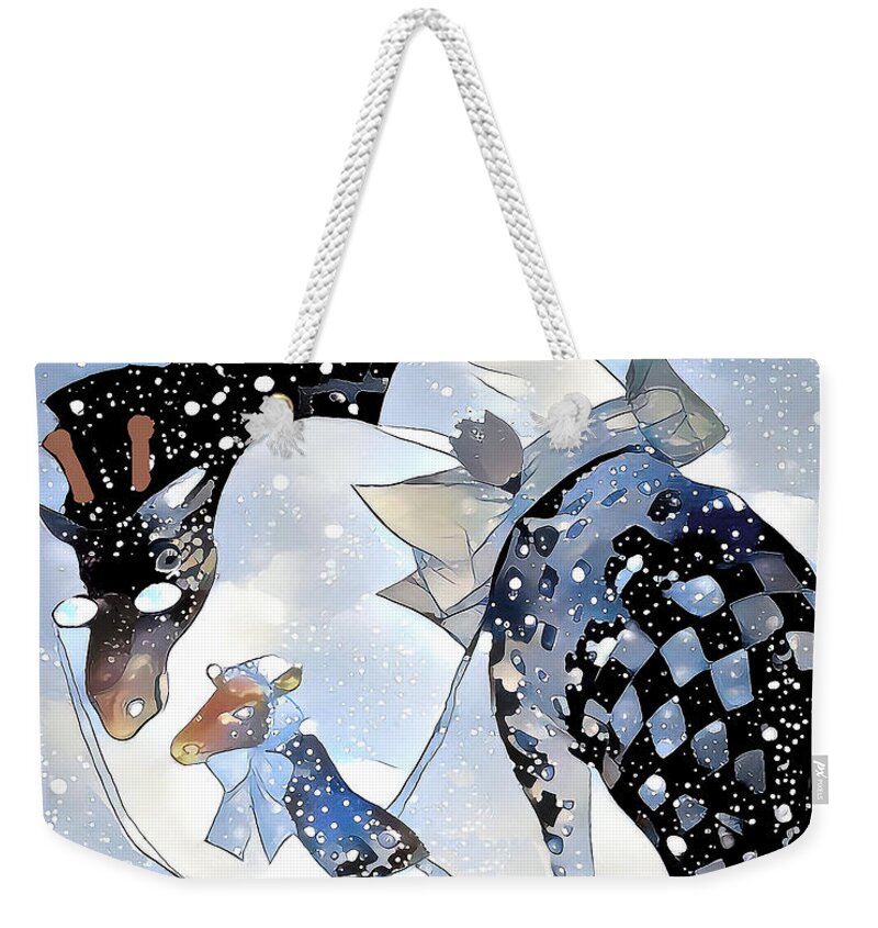 Giraffes Weekender Tote Bag featuring the digital art A Walk in the Snow by Pennie McCracken
