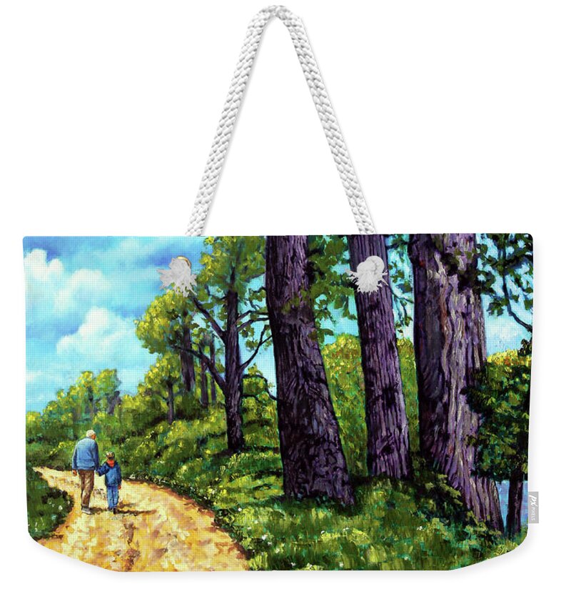 Trees Weekender Tote Bag featuring the painting A Walk with Grandpa by John Lautermilch