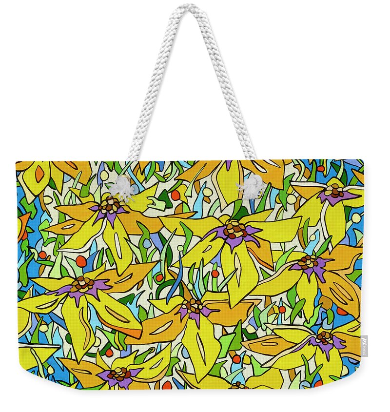 Flowers Yellow Weekender Tote Bag featuring the painting A Yellow Flowerfield by Mike Stanko