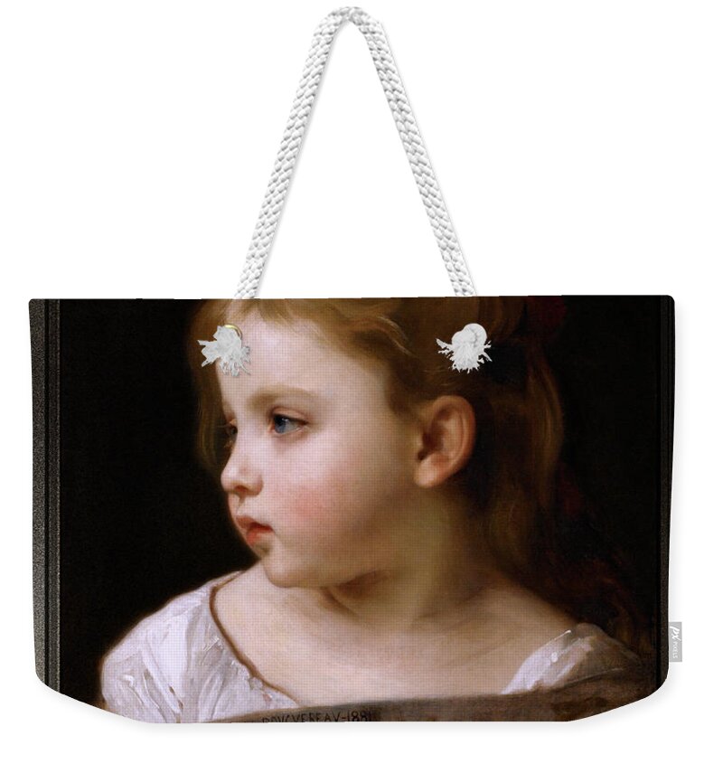 A Young Girl In Profile Weekender Tote Bag featuring the painting A Young Girl In Profile by William-Adolphe Bouguereau by Rolando Burbon