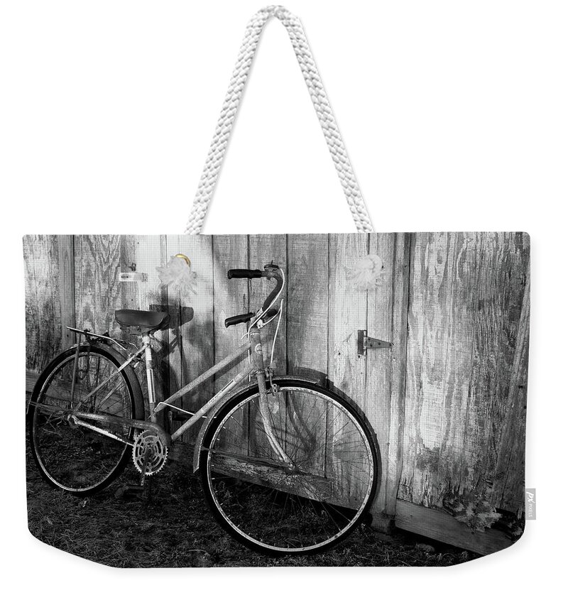 Black And White Weekender Tote Bag featuring the photograph Abandoned Bike by Karen Harrison Brown