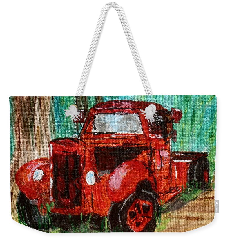Old Truck Weekender Tote Bag featuring the painting Abandoned in the woods by Brent Knippel