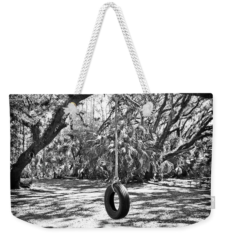 Spanish Moss Weekender Tote Bag featuring the photograph Abandoned Tire Swing - BW by Chris Andruskiewicz