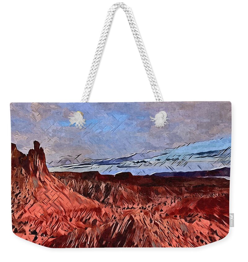 The Red Sandstone Cliffs At Ghost Ranch In Abiquiu Weekender Tote Bag featuring the digital art Abiquiu Cliffs by Aerial Santa Fe