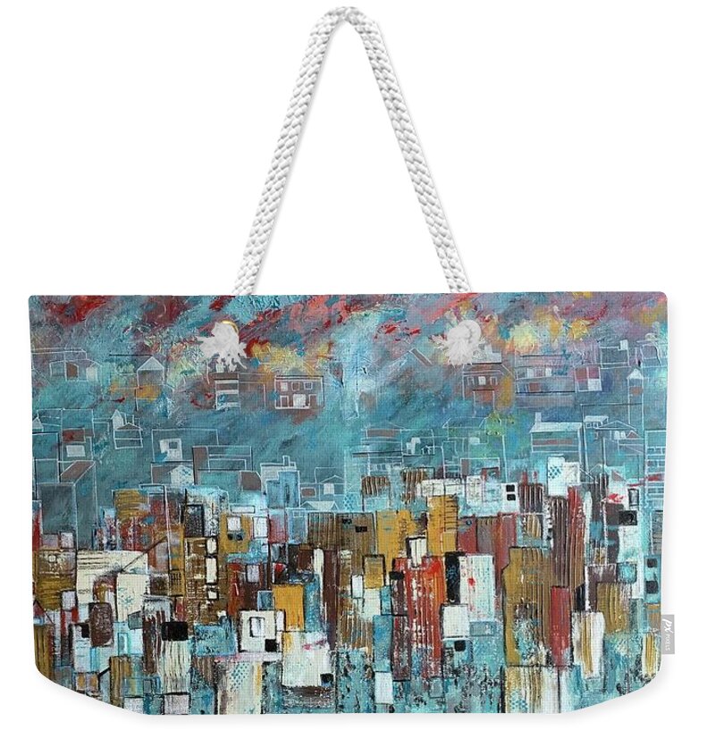 Cityscape Weekender Tote Bag featuring the painting Above and Beyond by Raji Musinipally
