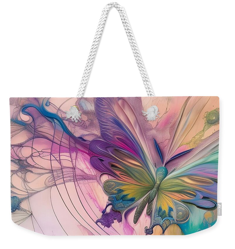 Digital Butterfly Abstract Pasteis Weekender Tote Bag featuring the digital art Abstract Butterfly in Pastels by Beverly Read