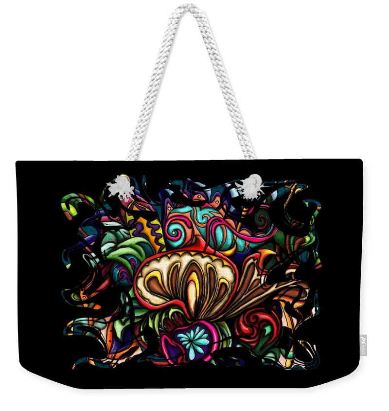 Mushroom Weekender Tote Bag featuring the painting Abstract chameleon on red mushrooms, swirly colorful by Nadia CHEVREL