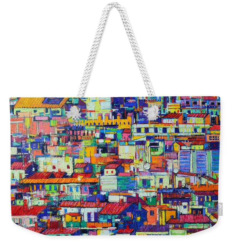 Abstract Weekender Tote Bag featuring the painting ABSTRACT CITY PATTERNS tep 37 textural impasto palette knife oil painting city by Ana Maria Edulescu by Ana Maria Edulescu