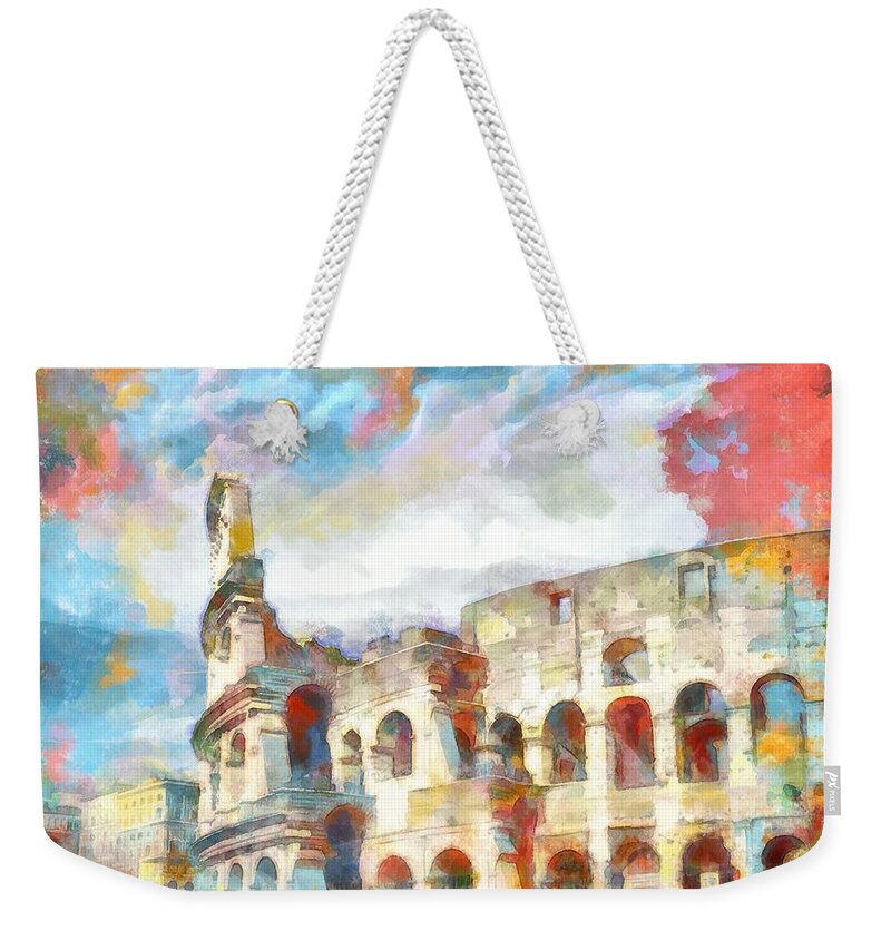 Colosseum Weekender Tote Bag featuring the painting Abstract Colosseum Arched Windows Rome Italy by Stefano Senise