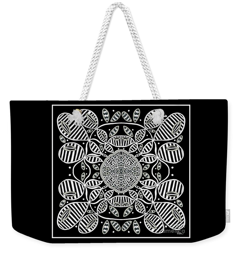 Textured Weekender Tote Bag featuring the mixed media Abstract Design with Textured Black and White Loops and Detailed Center by Lise Winne