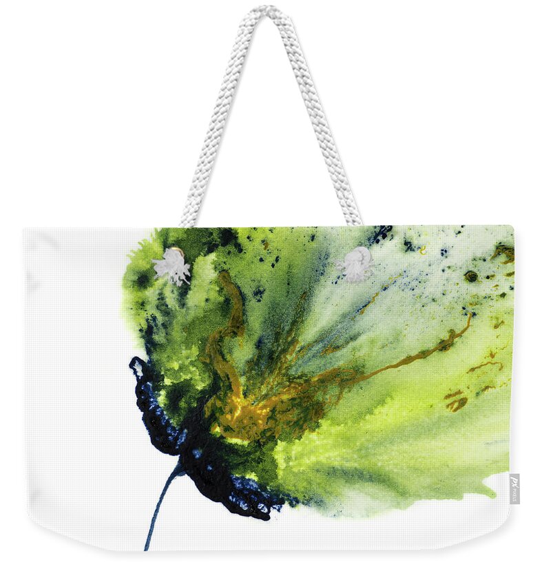 Abstract Flower Weekender Tote Bag featuring the painting Abstract Flower Green Yellow Navy 1 by Catherine Jeltes
