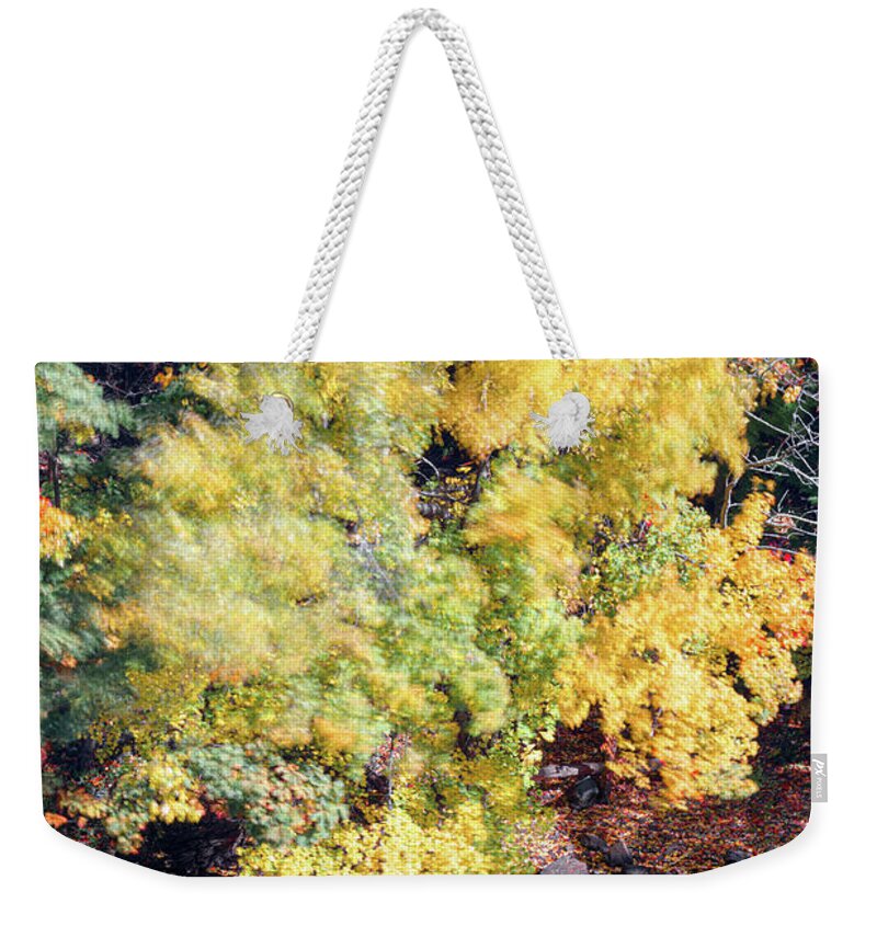Foliage Abstract Wind Autumn Fall Water Leaves Windy River Weekender Tote Bag featuring the photograph Abstract Foliage by Brian Hale