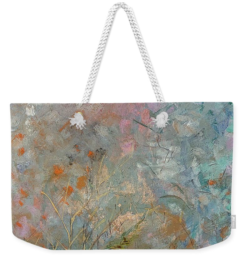 Landscape Weekender Tote Bag featuring the painting Abstract Landscape with Fence by Lisa Kaiser