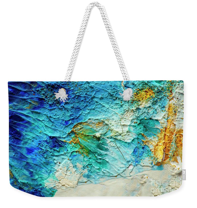 Paint Weekender Tote Bag featuring the painting Abstract oil paint background. Golden and aquamarine color on wh by Jelena Jovanovic