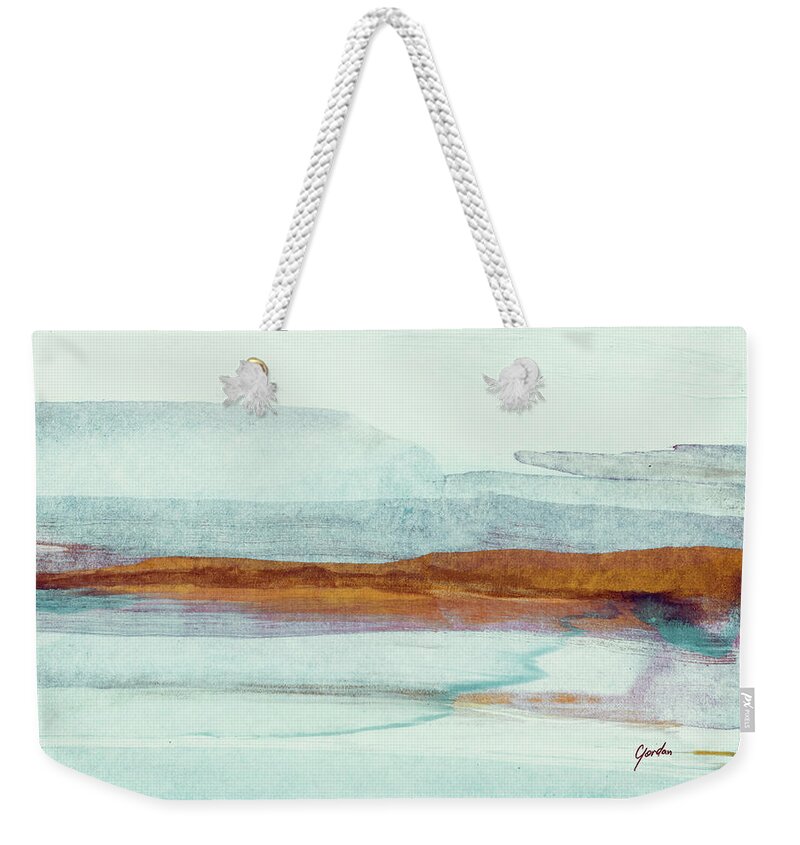Abstract Weekender Tote Bag featuring the painting Abstract Pastel Ink Landscape in Blue Teal and Brown - Morning Lake by Modern Abstract