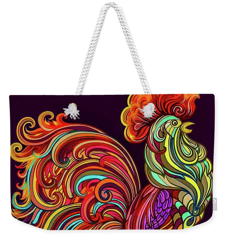 Rooster Weekender Tote Bag featuring the mixed media Abstract Rooster by Teresa Trotter