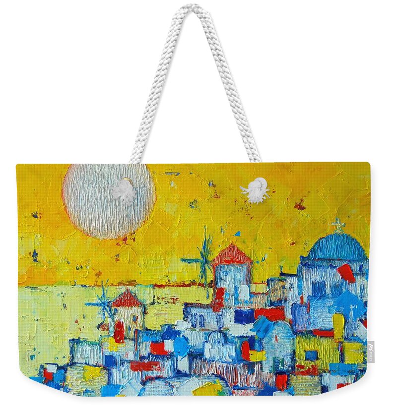 Santorini Weekender Tote Bag featuring the painting Abstract Santorini - Oia Before Sunset by Ana Maria Edulescu