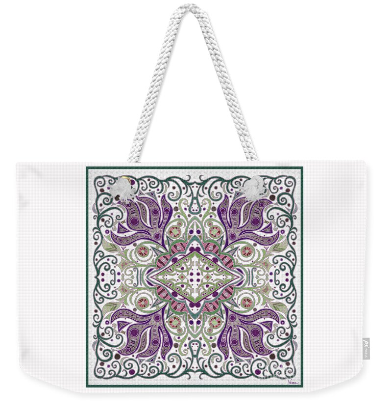 Diamond Weekender Tote Bag featuring the tapestry - textile Abstract Textured Home Decor Design in White, Green, Purple, and Salmon color by Lise Winne