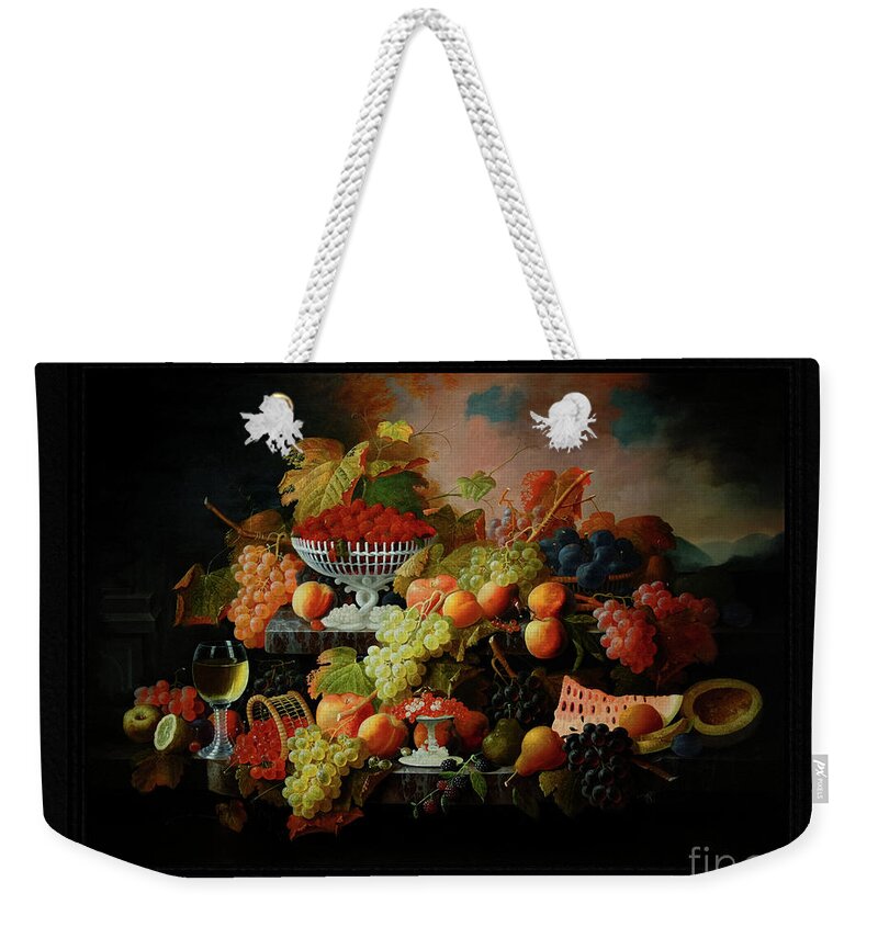 Abundance Of Fruit Weekender Tote Bag featuring the painting Abundance of Fruit by Severin Roesen Old Masters Classical Fine Art Reproduction by Rolando Burbon
