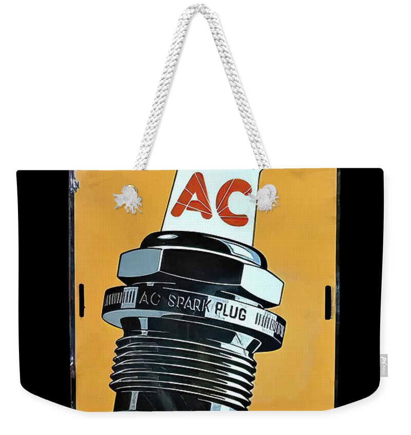 Ac Delco Weekender Tote Bag featuring the photograph AC Delco Vintage Spark plug sign by Flees Photos