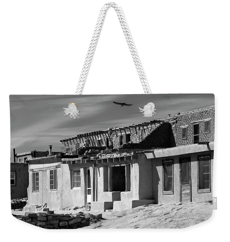 Acoma Pueblo Weekender Tote Bag featuring the photograph Acoma Pueblo Adobe Homes B W by Mike McGlothlen