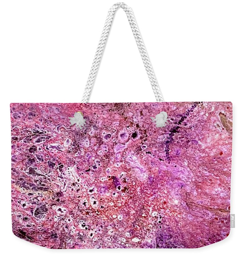 Colorful Weekender Tote Bag featuring the painting Acrylic Pour III Symphony in pink by David Euler
