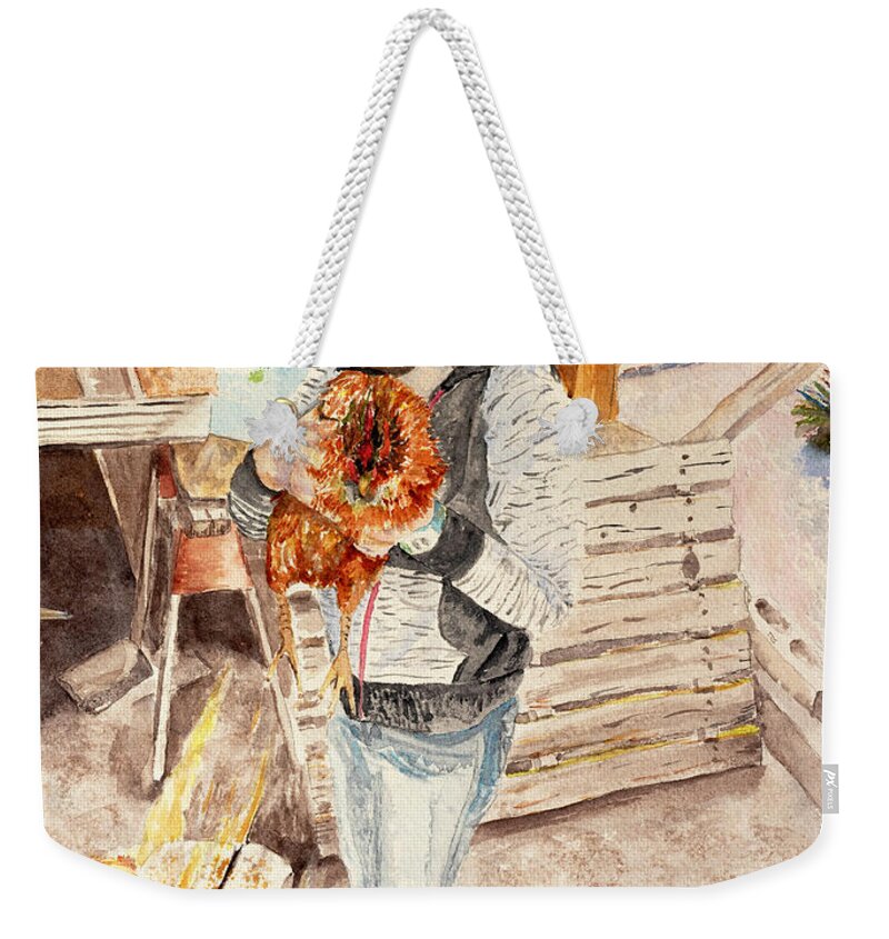 Chicken Weekender Tote Bag featuring the painting Addie's Red Hen by Barbara F Johnson