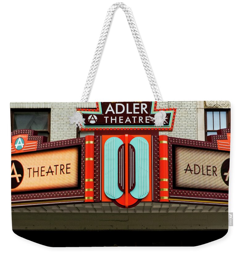 Hotel Mississippi Weekender Tote Bag featuring the photograph Adler Theatre Marquee by Christi Kraft