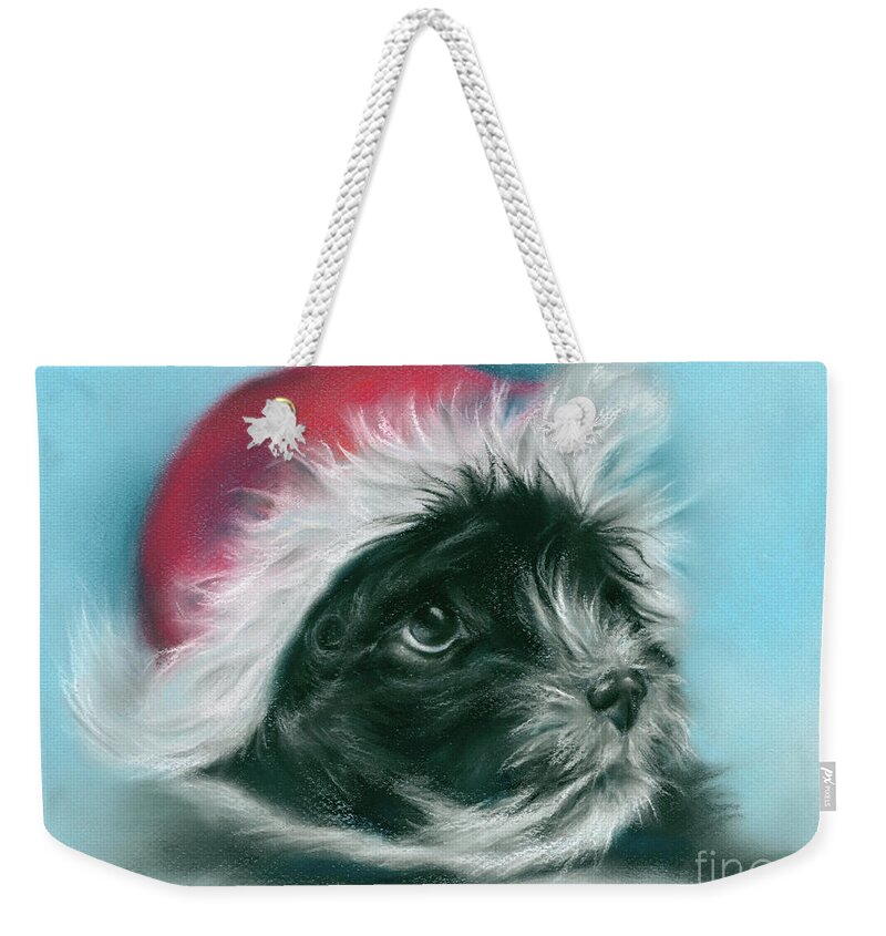 Dog Weekender Tote Bag featuring the painting Adorable Black Christmas Puppy by MM Anderson