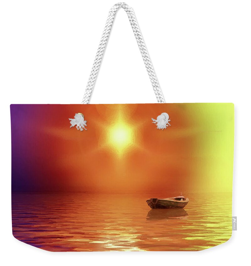 Adrift Weekender Tote Bag featuring the mixed media Adrift-Ocean Sunrise with Lonely Boat by Shelli Fitzpatrick
