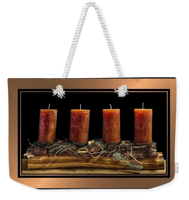 Advent Weekender Tote Bag featuring the mixed media Advent Wreath in Bronze by Nancy Ayanna Wyatt
