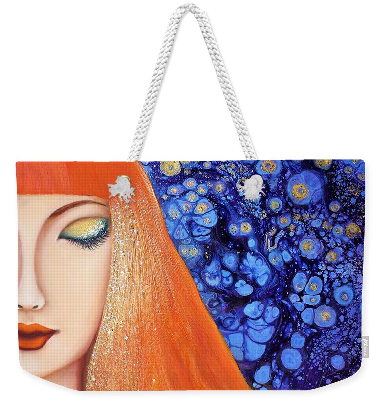 Wall Art Abstract Painting Acrylic Painting Aelita Light Of The Stars Gift Idea Blue Color Stars Woman Painting Lady Pouring Art Pouring Technique Red Hair Weekender Tote Bag featuring the painting Aelita Light Of the Stars by Tanya Harr