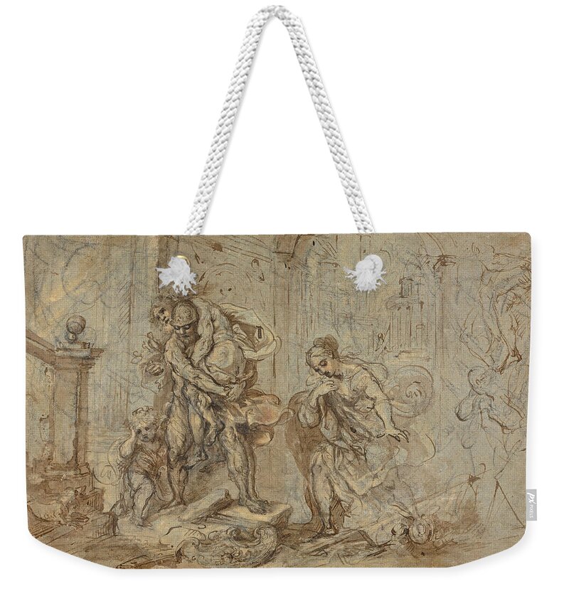 Federico Barocci Weekender Tote Bag featuring the drawing Aeneas Saving Anchises at the Fall of Troy by Federico Barocci