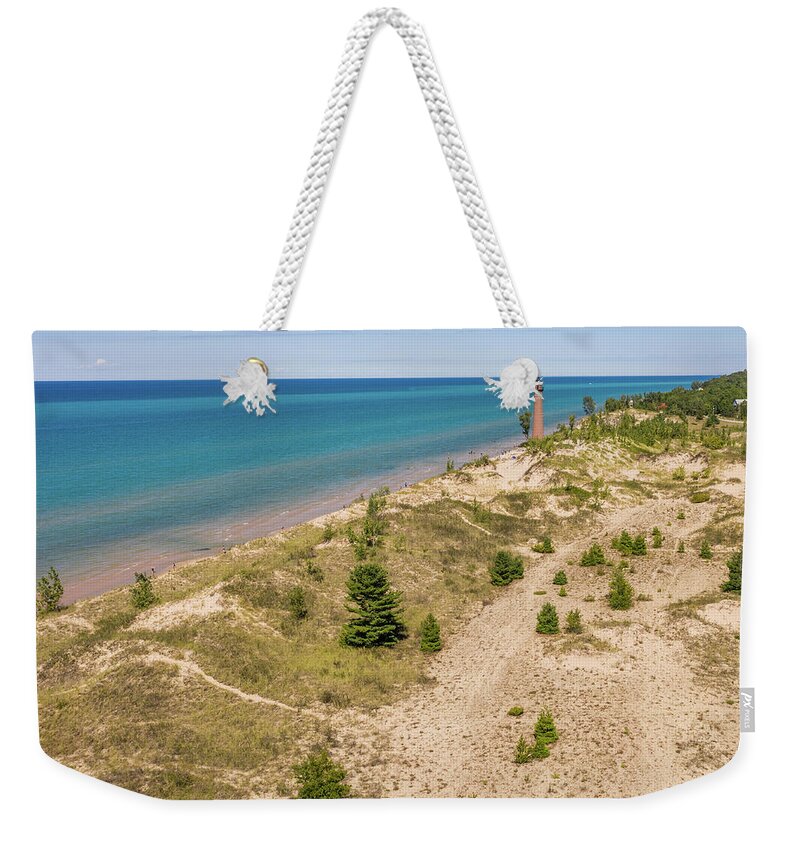 Drone Weekender Tote Bag featuring the photograph Aerial of Little Sable Lighthouse Michigan by John McGraw