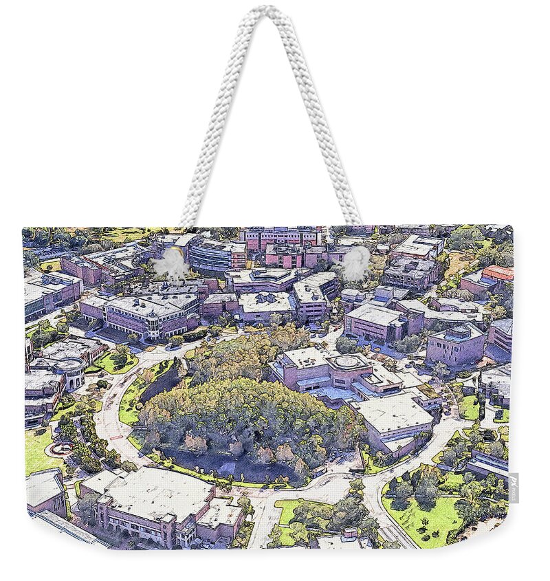 University Of Central Florida Weekender Tote Bag featuring the digital art Aerial of the University of Central Florida campus - pencil sketch by Nicko Prints